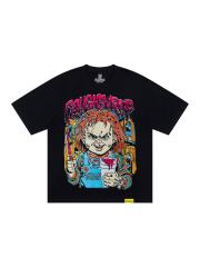Cough Syrup Horror Hip Hop Streetwear Front Chucky Doll Knife Syrup Cup Drip Graffiti Letter Cartoon Print Oversized T-Shirt 29344001