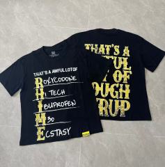 Cough Syrup Vertical Stacked Pharmacy Words Front Large Faded Gold Block Letter Slogan Print Tee 29303867