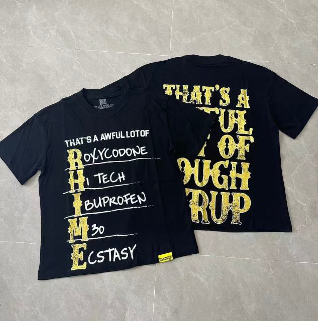 Cough Syrup Vertical Stacked Pharmacy Words Front Large Faded Gold Block Letter Slogan Print Tee 29303867