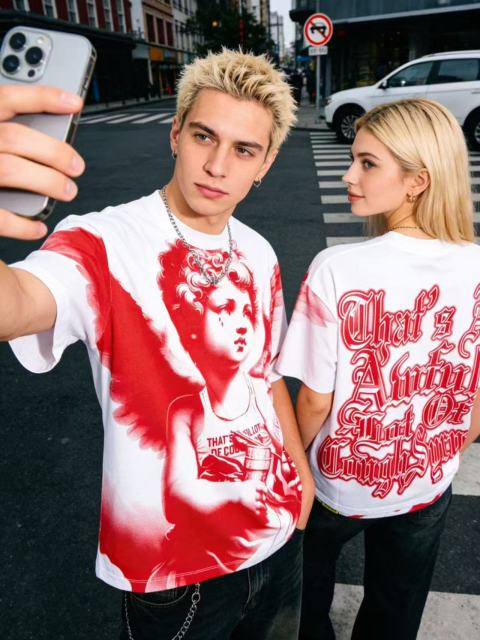 Cough Syrup Sketch Cupid Angel Tattoo Detail Front Gothic Stacked Cursive Slogan Back Tee 4 colors 29290017