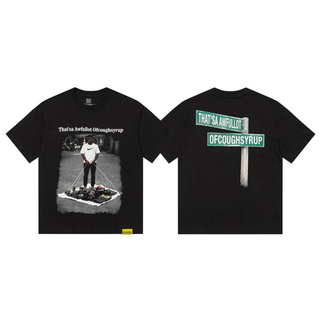 Cough Syrup Hip Hop Streetwear Street Vendor Figure Print Back Split Text Street Sign Design Tee 2 colors 29288641