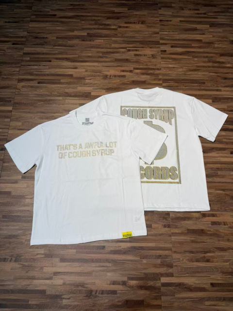 Cough Syrup Luxury Hip Hop Rhinestone Mesh Texture Front Horizontal Slogan Back Framed Dollar Sign Records Logo Tee 29302196
