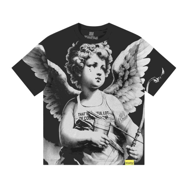 Cough Syrup Sketch Cupid Angel Tattoo Detail Front Gothic Stacked Cursive Slogan Back Tee 4 colors 29290017