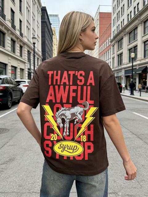 Cough Syrup California Western Horseshoe Brand Text Front Bucking Bronco Lightning Stacked Slogan Printed Tee 29290068