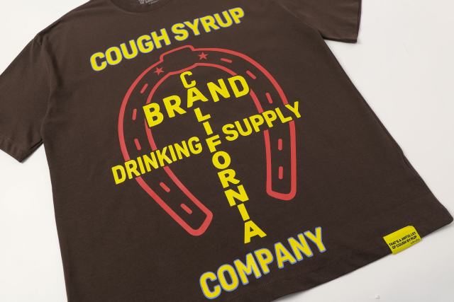 Cough Syrup California Western Horseshoe Brand Text Front Bucking Bronco Lightning Stacked Slogan Printed Tee 29290068
