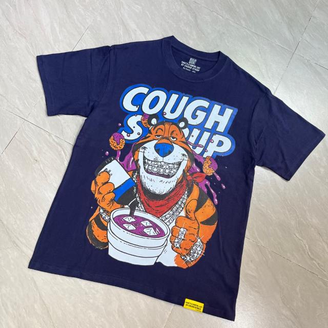 Cough Syrup West Coast Casual Fashion Solid Navy Blue Laid Back Tiger Mascot Pour Syrup Graffiti Bubble Font Print T-Shirt 29344147