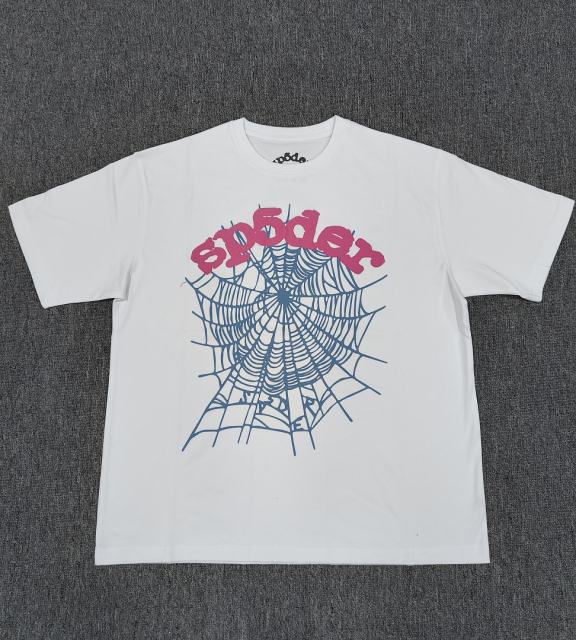 1:1 Top Quality White Pink Foam Blue Spider Web Short Sleeve T-Shirt