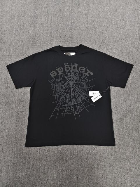 1:1 Top Quality Black Dark Grey Tone Spider Web Short Sleeve T-Shirt