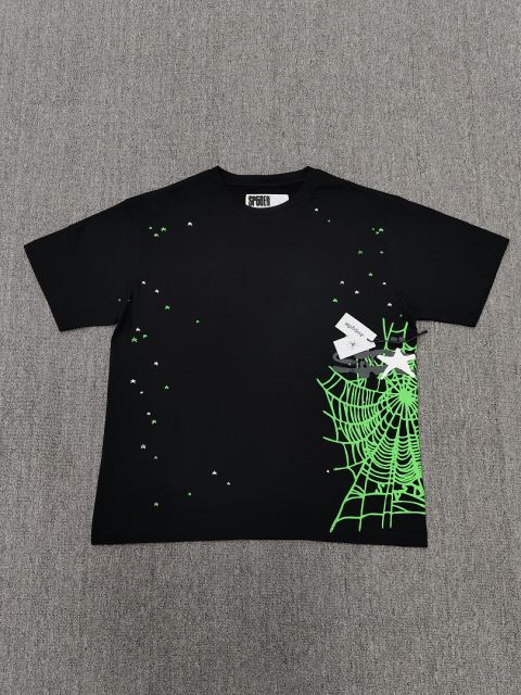 1:1 Top Quality Black Neon Green Side Spider Web Mixed Star Short Sleeve T-Shirt