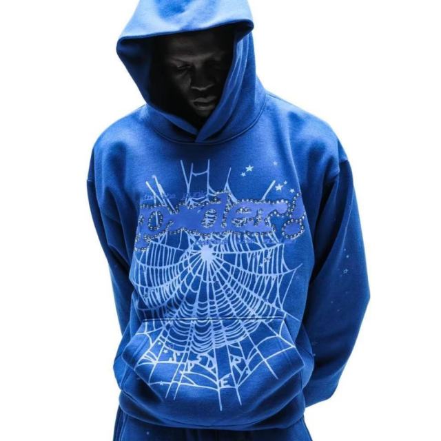 1:1 TOP Quality Blue Rhinestone Printed Hoodie & Pants Set