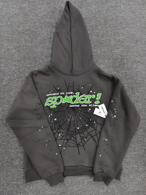 [On Sale] Sp*der Charcoal Grey Green Rhinestone Spider Web Pullover Hoodie