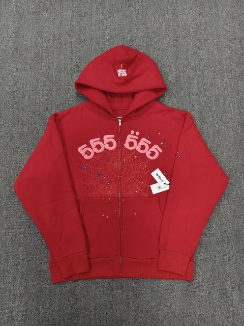 [On Sale] Sp*der Red 555 Rhinestone Spider Web Zip Up Hoodie
