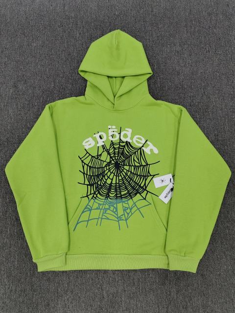1:1 quality version  Gradient Spiderweb Print Bright Green Hoodie & Shorts Set
