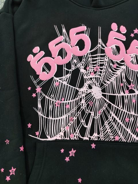 [On Sale] Sp*der Black Pink Double 555 Spider Web Star Pullover Hoodie
