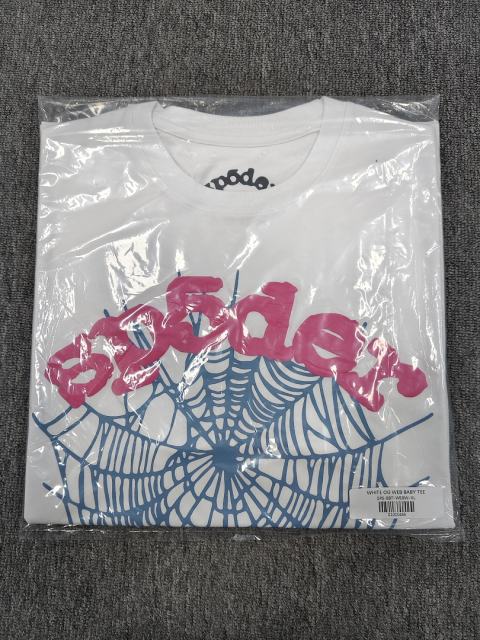 1:1 Top Quality White Pink Foam Blue Spider Web Short Sleeve T-Shirt