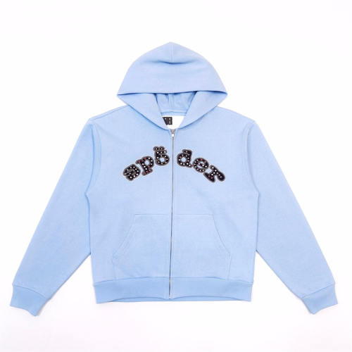 1:1 TOP Quality Rhinestone Patch Zip Up Hoodie & Straight Sweatpants Matching Set