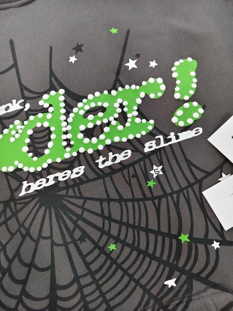 [On Sale] Sp*der Charcoal Grey Green Rhinestone Spider Web Pullover Hoodie