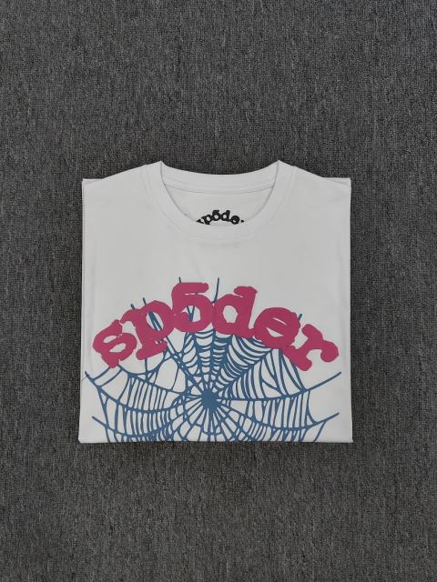 1:1 Top Quality White Pink Foam Blue Spider Web Short Sleeve T-Shirt