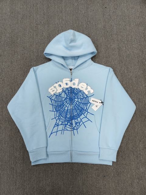 [On Sale] Sp*der Baby Blue Chenille Patch Spider Web Zip Up Hoodie