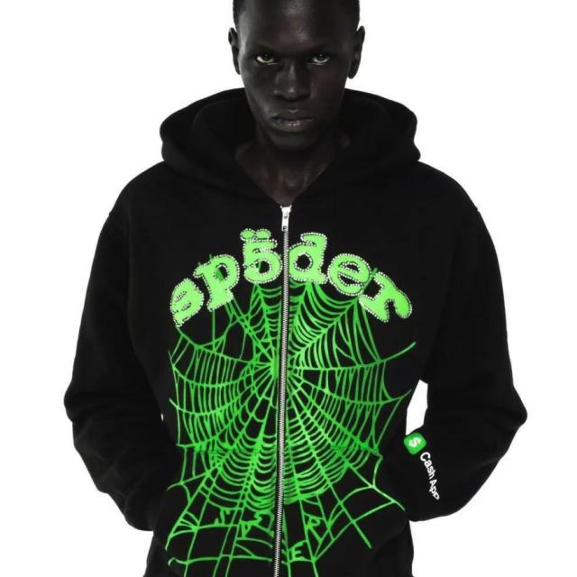 1:1 TOP Quality Green Letter Rhinestone Zipper Print Hoodie