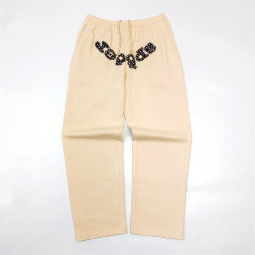 1:1 TOP Quality Rhinestone Patch Zip Up Hoodie & Straight Sweatpants Matching Set Beige