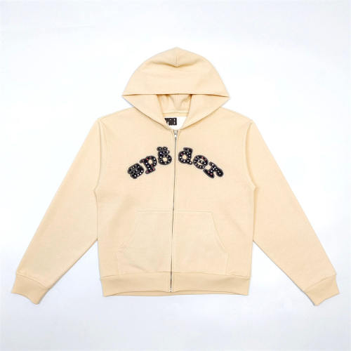 1:1 TOP Quality Rhinestone Patch Zip Up Hoodie & Straight Sweatpants Matching Set Beige