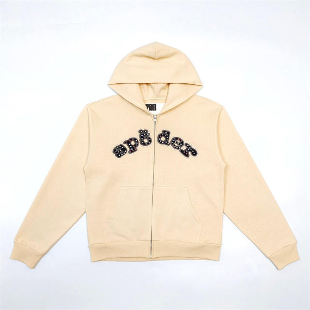 1:1 TOP Quality Rhinestone Patch Zip Up Hoodie & Straight Sweatpants Matching Set Beige