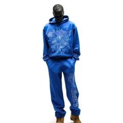 1:1 TOP Quality Blue Rhinestone Printed Hoodie & Pants Set
