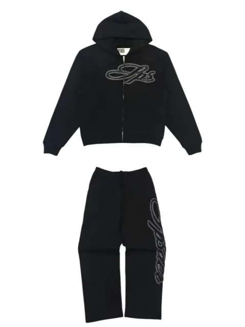 1:1 TOP Quality 3D Letter Rhinestone Zipper Hoodie & Pants Set