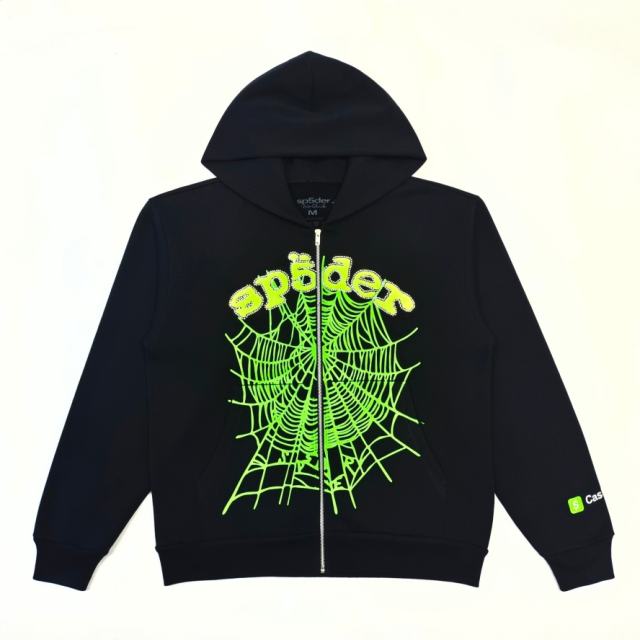 1:1 TOP Quality Green Letter Rhinestone Zipper Print Hoodie
