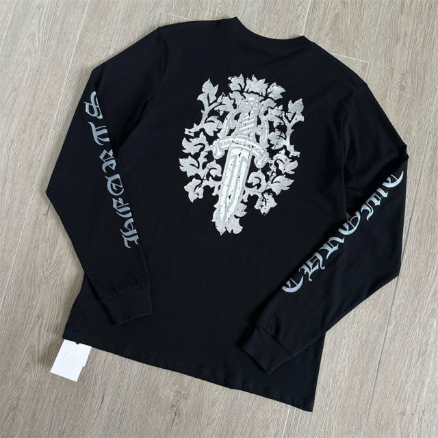 1:1 Quality CH Distressed Dagger Floral Print Long Sleeve Tee