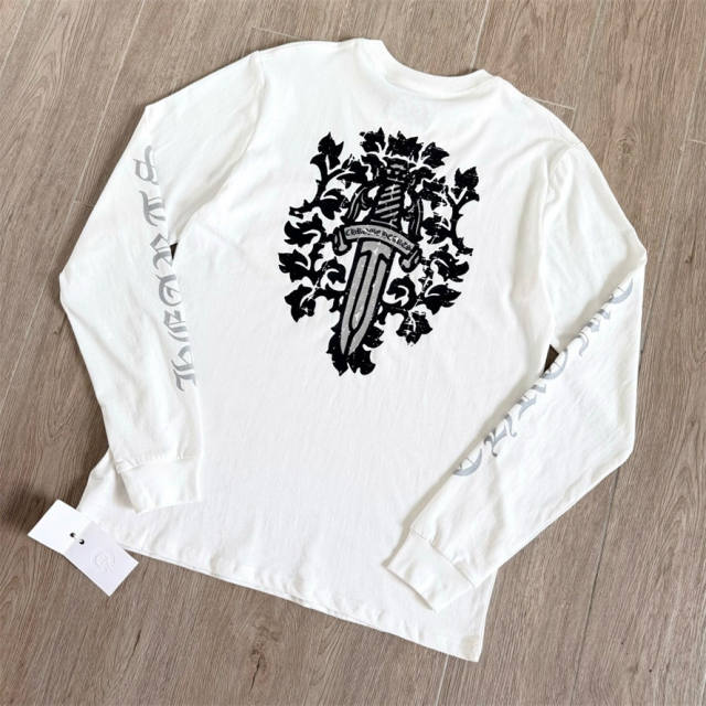 1:1 Quality CH Distressed Dagger Floral Print Long Sleeve Tee