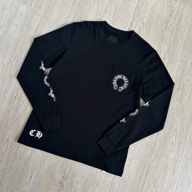 1:1 Quality CH Black Vertical Logo Cross Print Long Sleeve Tee