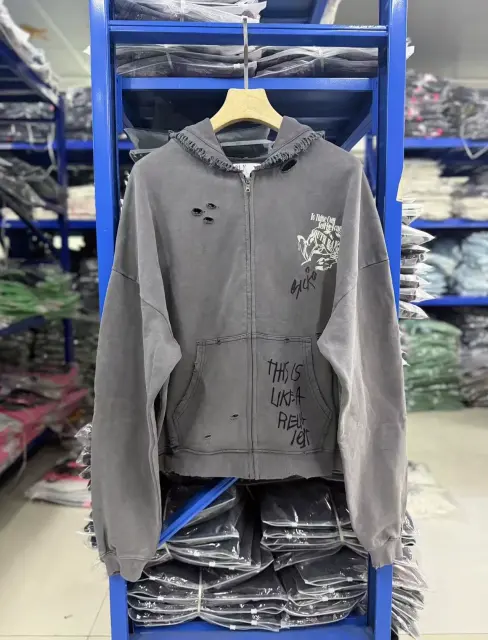 Paly Hollywood Washed Rhinestone Distressed Zip Hoodie
