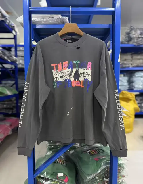 Paly Hollywood Crackle Print Distressed Long Sleeve Tee
