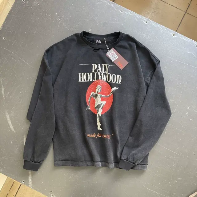 Paly Hollywood Rock Slogan Distressed Long Sleeve Tee