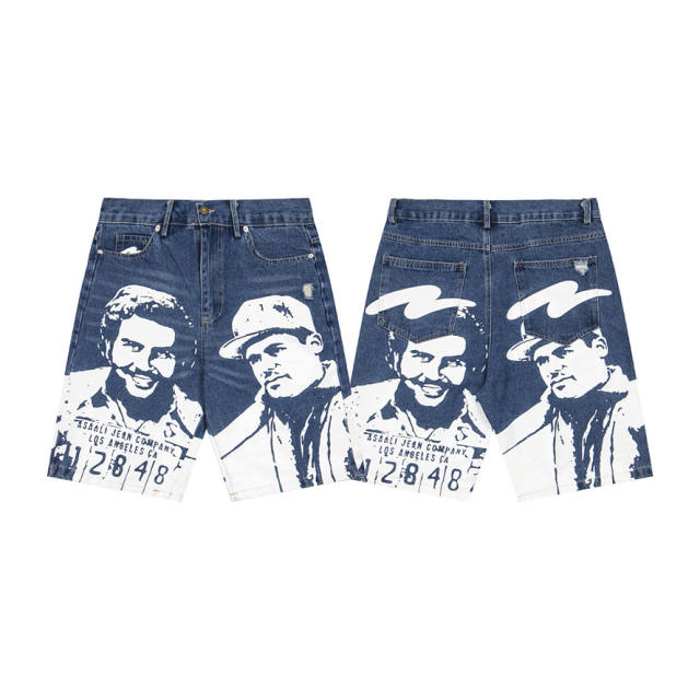 Asaali Blue Washed Distressed Denim Shorts Large White Character Mugshot Portrait Print