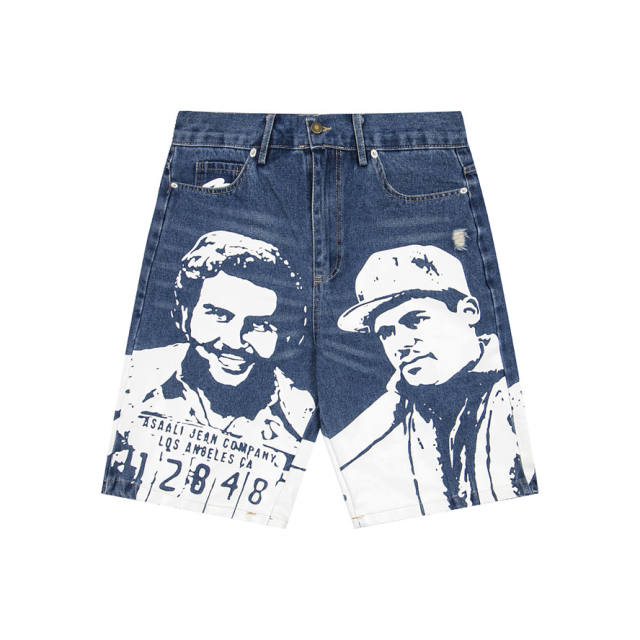 Asaali Blue Washed Distressed Denim Shorts Large White Character Mugshot Portrait Print