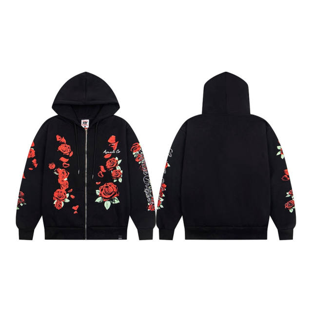 Asaali Red Rose Graphic Zip‑Up Hoodie