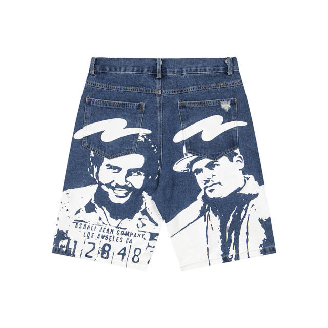 Asaali Blue Washed Distressed Denim Shorts Large White Character Mugshot Portrait Print