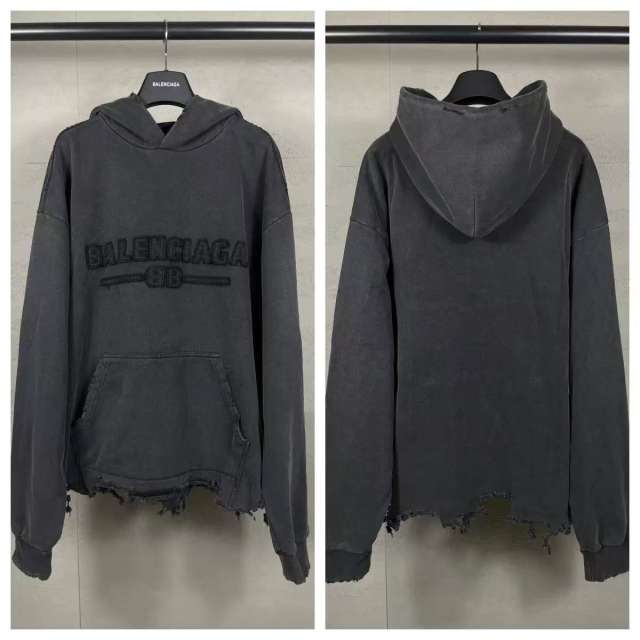 BLCG Washed Charcoal Distressed Frayed Embossed‑Letter Pullover Hoodie
