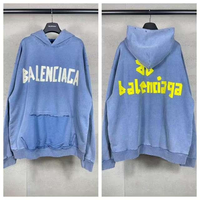 BLCG Washed Blue Distressed Frayed Contrast‑Letter Pullover Hoodie