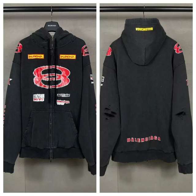 BLCG Washed Black Racing‑Style Distressed Zip‑Up Hoodie
