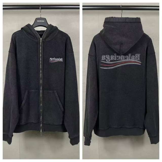 BLCG Washed Black Distressed Wave‑Line Logo Full‑Zip Hoodie
