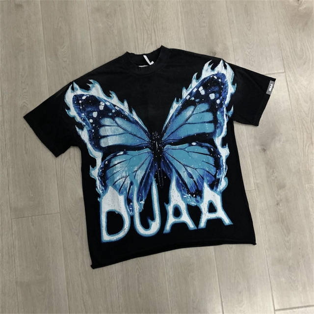 DUAA Butterfly Graphic Distressed Black Cotton T-Shirt