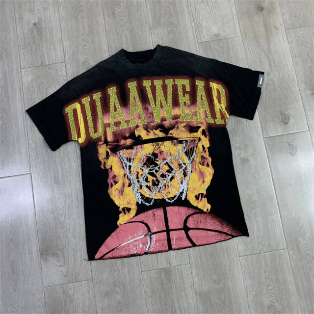 DUAA Vintage Basketball Graphic Rhinestone Washed Cotton T-Shirt