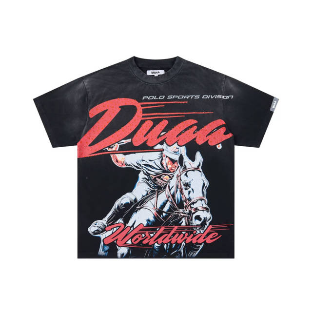 DUAA Vintage Streetwear Rhinestone Graphic Distressed Cotton T-Shirt
