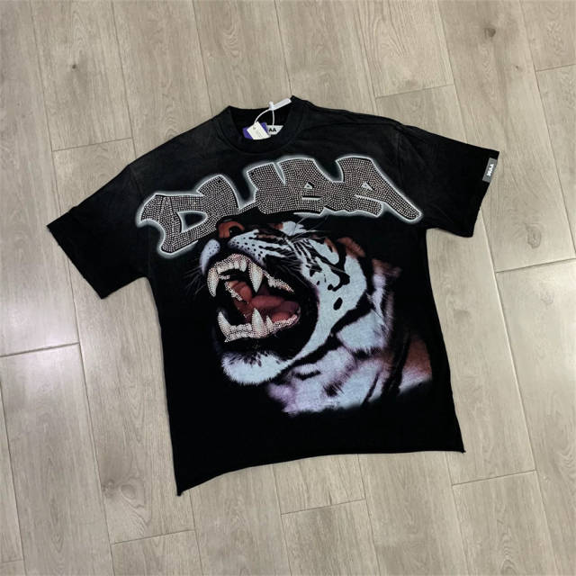 DUAA Tiger Rhinestone Raw Hem Vintage Streetwear T-Shirt