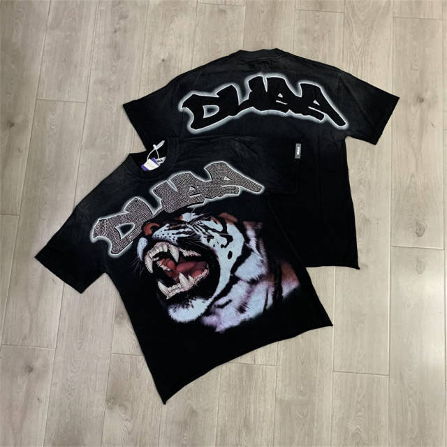 DUAA Tiger Rhinestone Raw Hem Vintage Streetwear T-Shirt