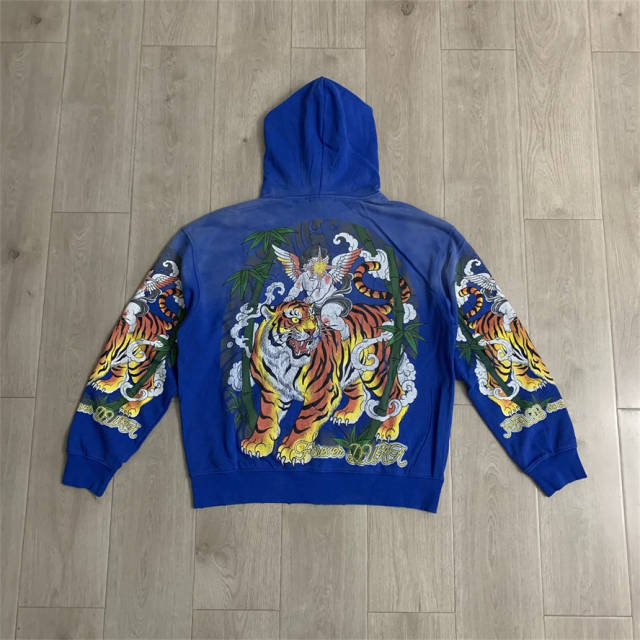 DUAA Blue Tiger Graphic Rhinestone Vintage Zip-Up Hoodie